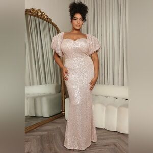 NWT Sequin Puff-Sleeve Evening Gown in Blush